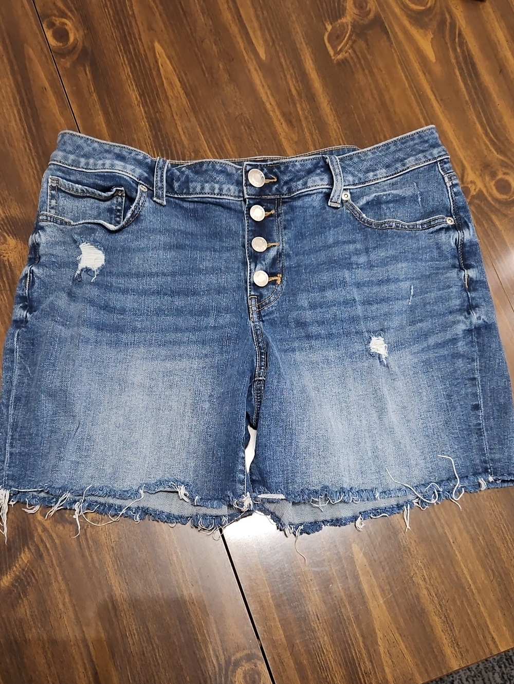 Maurices Blue Distressed Button-Front Denim Shorts